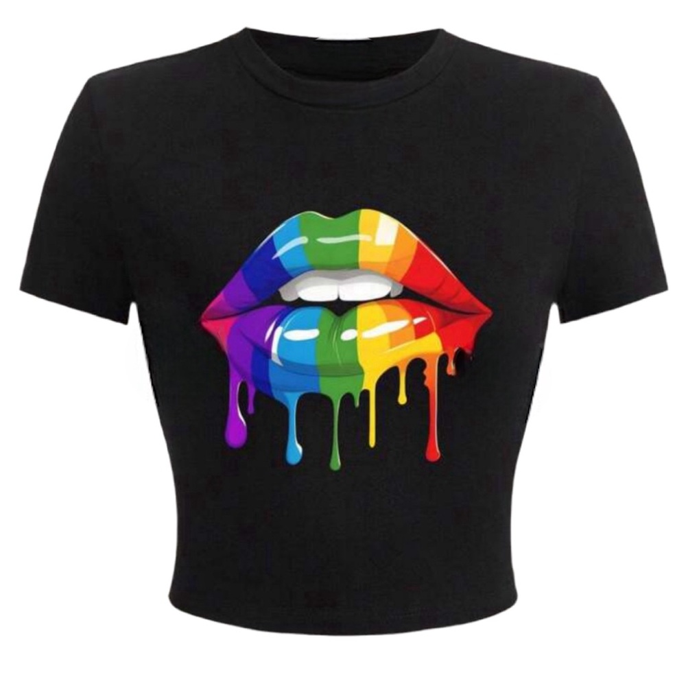 Rainbow Printed Lips Round Neck Top